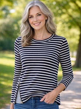 DREW Navy and White Striped Long-Sleeve Top
